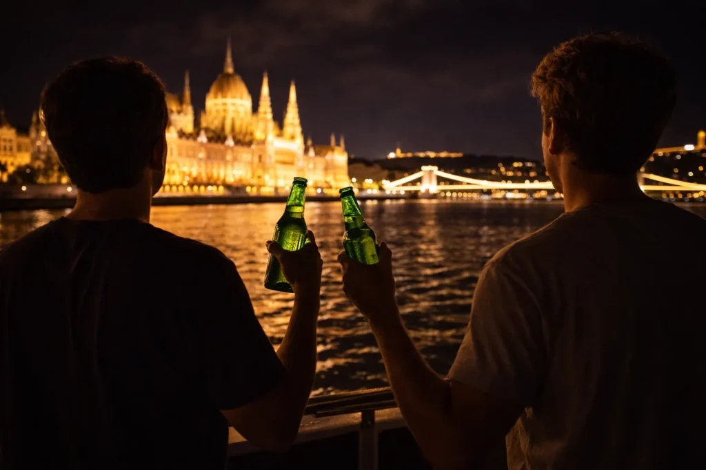 Two people seen from behind holding beer bottles on a private boat on the Danube in Budapest at night, looking toward the illuminated Parliament and bridge lights reflecting on the river.
