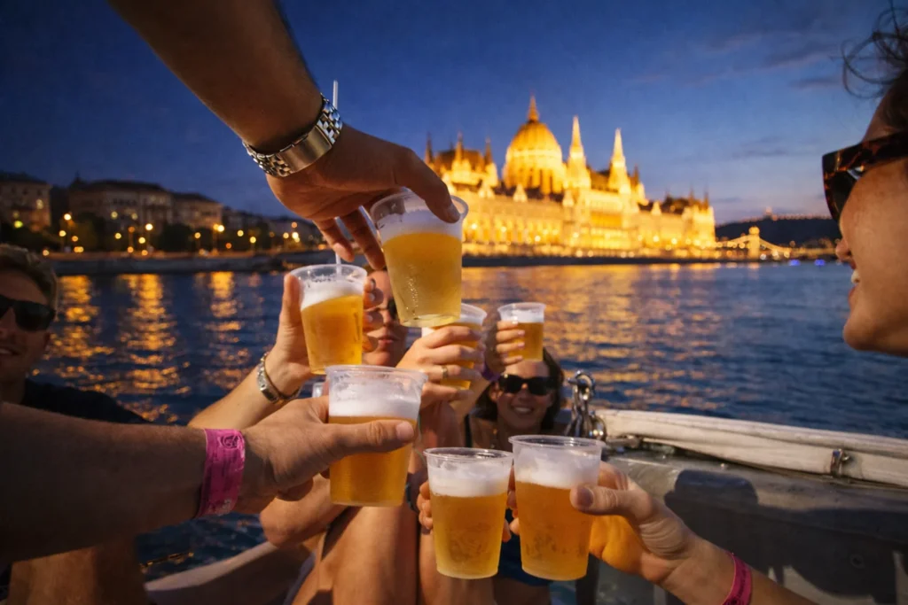 Friends clinking plastic cups of beer on a Danube boat in Budapest at night, with the illuminated Parliament glowing in the background.