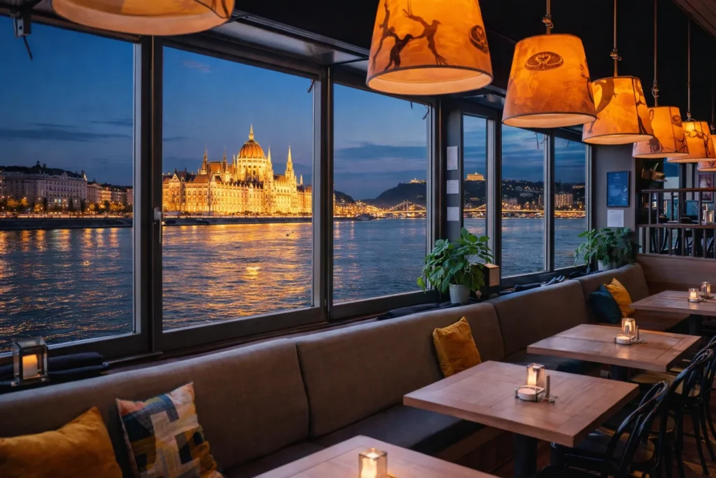 Cozy indoor lounge with tables and warm pendant lights on a private boat, panoramic Danube windows with Budapest Parliament at dusk, ideal setup option for a private boat cruise.