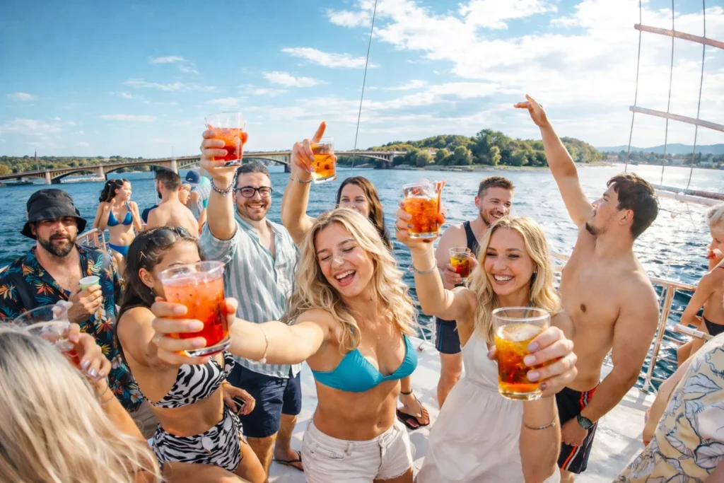 Friends dancing and raising drinks on a Budapest Danube booze cruise near Margaret Island, sunny afternoon party vibe