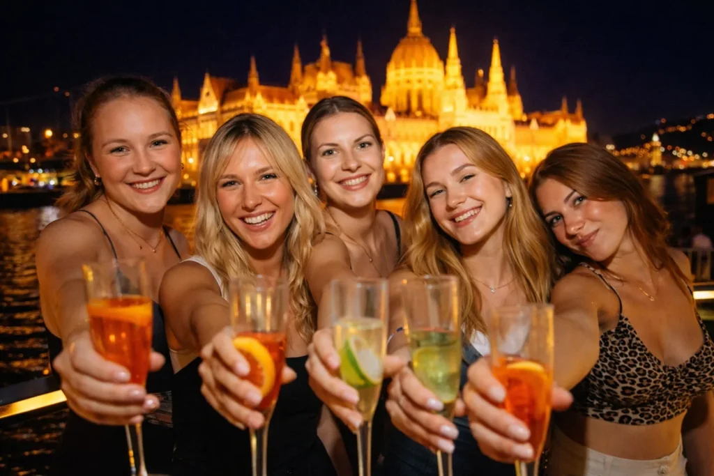 Five women cheering with sparkling drinks on a Danube boat at night in Budapest, with the illuminated Parliament in the background.