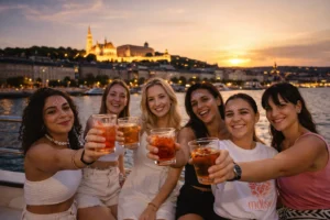 Group of friends raising drinks on a private Budapest booze cruise at sunset, Buda Castle glowing above the Danube