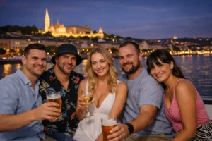 Group of friends enjoying drinks on a private Budapest Danube cruise at dusk, Buda Castle lights in the background