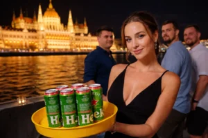 Onboard drink service during a private Budapest beer cruise at night, relaxed group atmosphere with city lights along the Danube