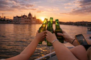 Hands clinking cold beer bottles on a private Budapest Danube cruise at sunset, warm golden light over the river