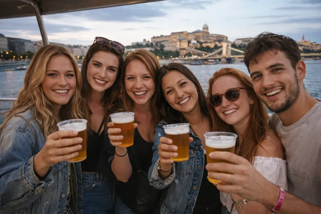 Six friends cheering with beers on a Danube boat in Budapest at dusk, with the Chain Bridge and Buda Castle softly lit in the background.