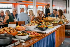 Onboard buffet table on a Budapest dinner cruise with fresh salads, bread and hot dishes, guests chatting in the background.