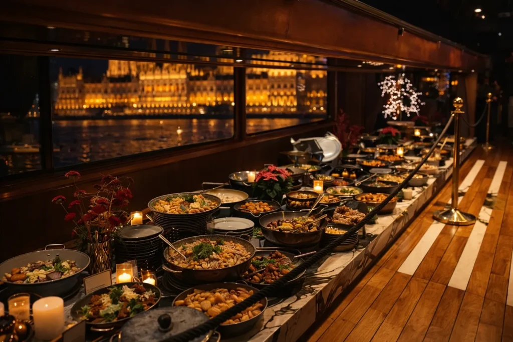 Buffet style dinner spread on a private Budapest dinner cruise at night, with candlelight on the table and the illuminated Hungarian Parliament Building visible through the windows.