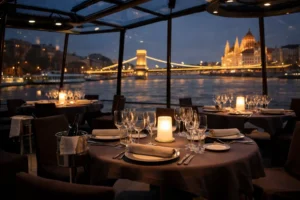 Elegant dinner cruise interior on the Danube in Budapest with candlelit tables, wine glasses and evening city lights through panoramic windows.