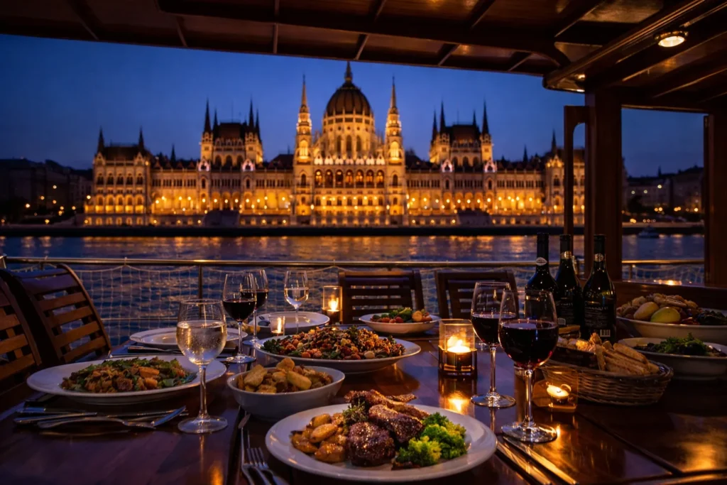 Candlelit dinner table with buffet style food and wine glasses on a private boat in Budapest at night, with the illuminated Hungarian Parliament Building across the Danube.