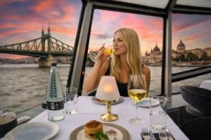 Blonde woman enjoying a glass of white wine on a Budapest dinner cruise at sunset, with the Danube and city skyline through the panoramic windows.