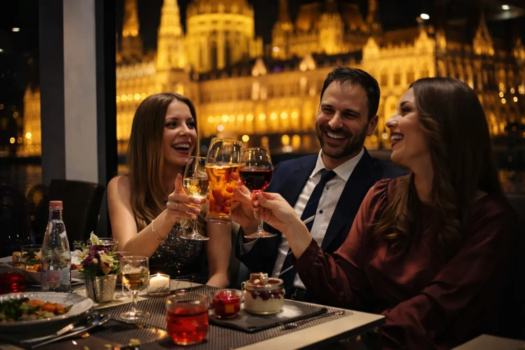 Three friends toasting with wine and cocktails on a private dinner cruise in Budapest at night, with the illuminated Hungarian Parliament Building glowing through the window.
