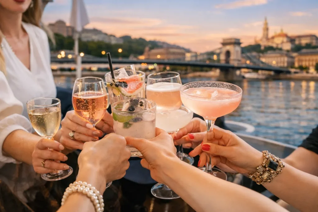 Close up of friends clinking cocktails on a private boat at sunset in Budapest, with the Danube and the Chain Bridge softly blurred in the background.