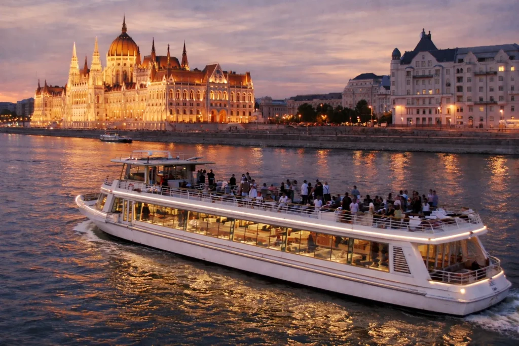 Sleek white sightseeing cruise boat on the Danube in Budapest at dusk, with warm deck lights, guests on the open deck, and the illuminated Parliament building in the background.