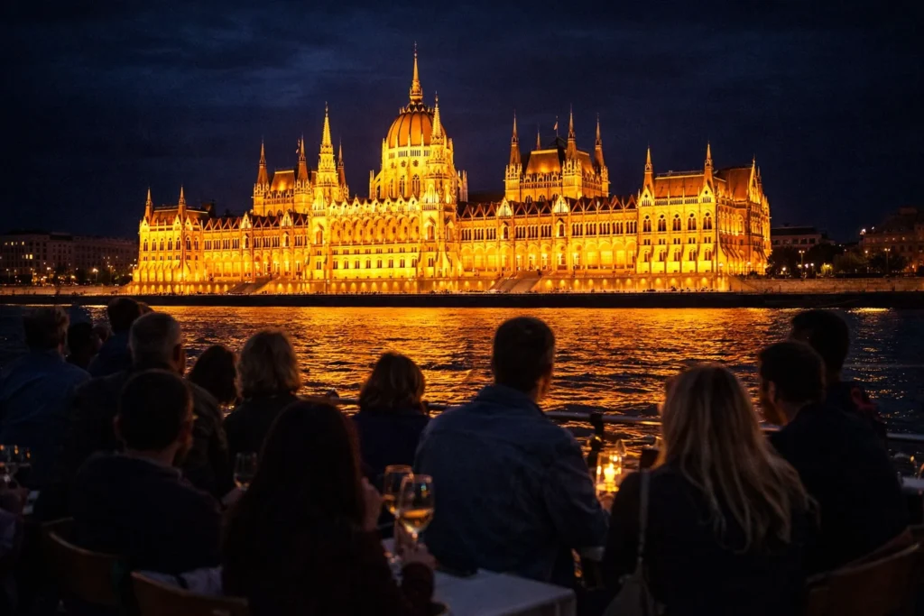 Evening sightseeing cruise in Budapest with passengers viewing the illuminated Parliament building across the Danube.