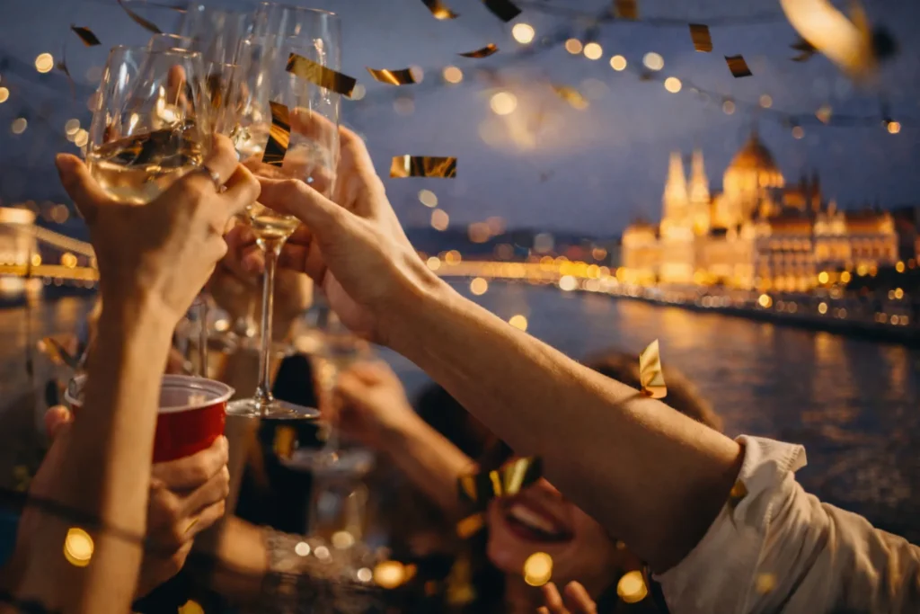 Guests clinking white wine glasses on a boat at night, a simple welcome-drink moment that fits cash bar, drink packages, or light snacks without overcomplicating the plan.
