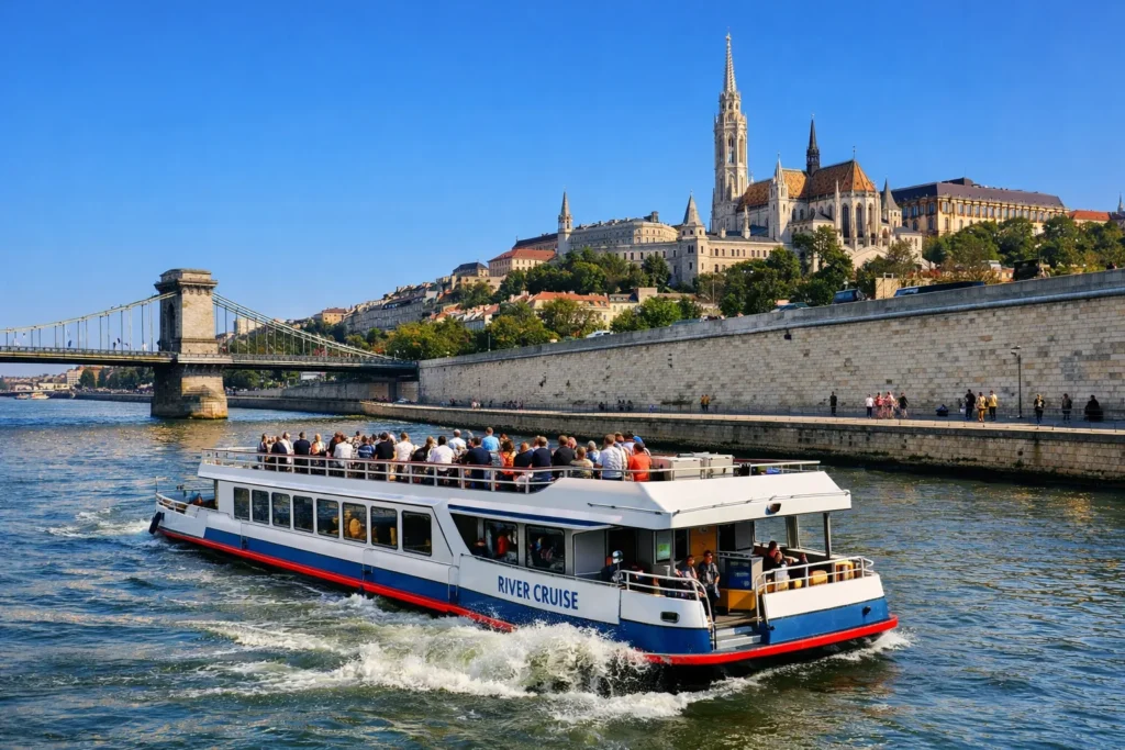 River cruise boat on the Danube in Budapest passing Chain Bridge, with Buda Castle Hill and Matthias Church in the background.