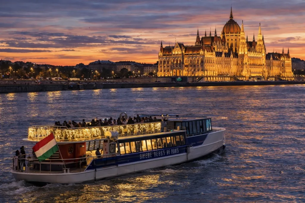 River cruise boat on the Danube at sunset in Budapest, Hungarian flag on the deck and the Parliament building glowing in the background.