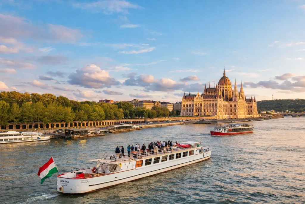 River cruise boat on the Danube in Budapest with the Hungarian flag at the bow and the Parliament building in the background.