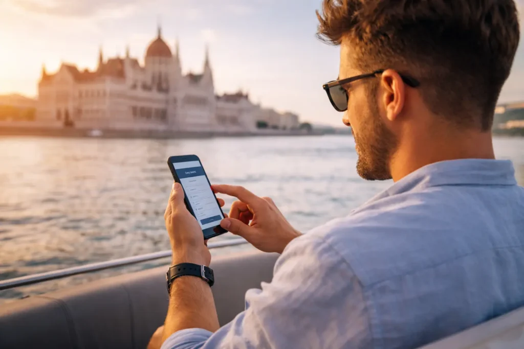 Man booking a private Danube boat cruise on his phone in Budapest, with the Parliament blurred in the background, calm hassle free planning moment.