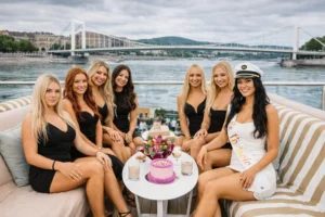 Hen group relaxing on a private Budapest river cruise, all dressed in black with the bride in white, soft Danube views and Elisabeth Bridge in the background.