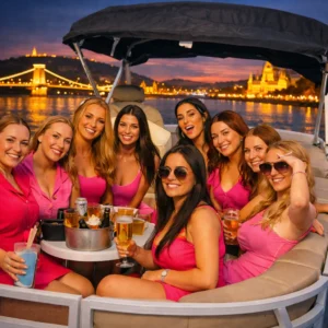 Hen group enjoying a private river cruise at twilight, drinks on board with the Chain Bridge lights in the background.