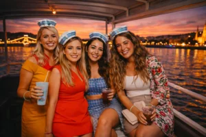 Hen group enjoying a private Budapest river cruise at sunset, smiling on board with drinks and warm city lights in the background