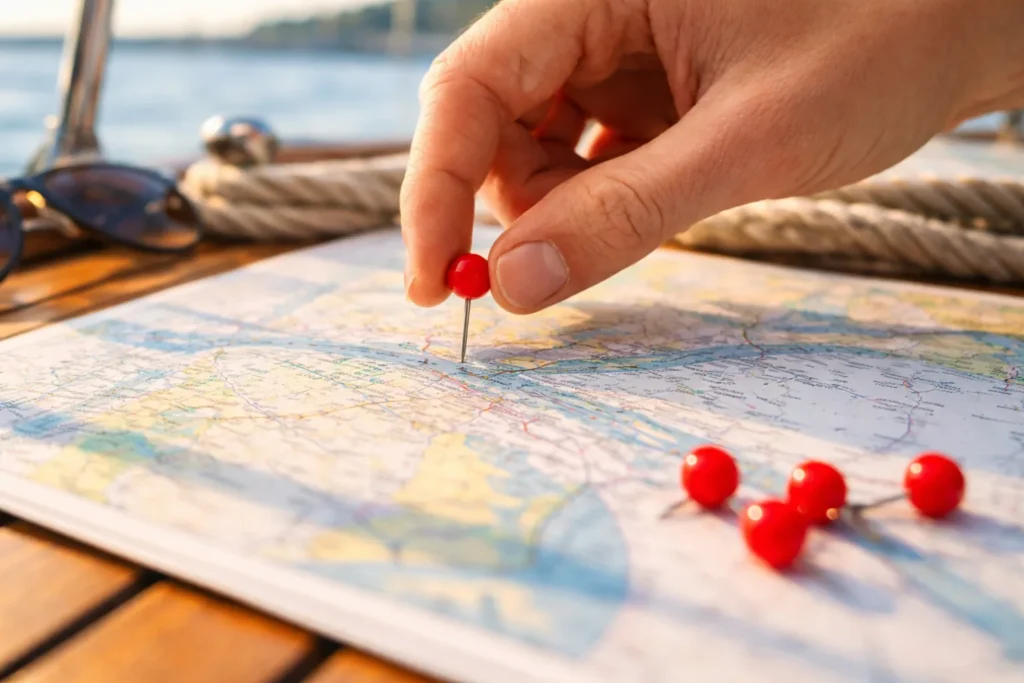 Close-up of a hand placing a red pin on a map on a boat table at golden hour, a practical visual for confirming the meeting point and arriving 15 minutes early to avoid delays