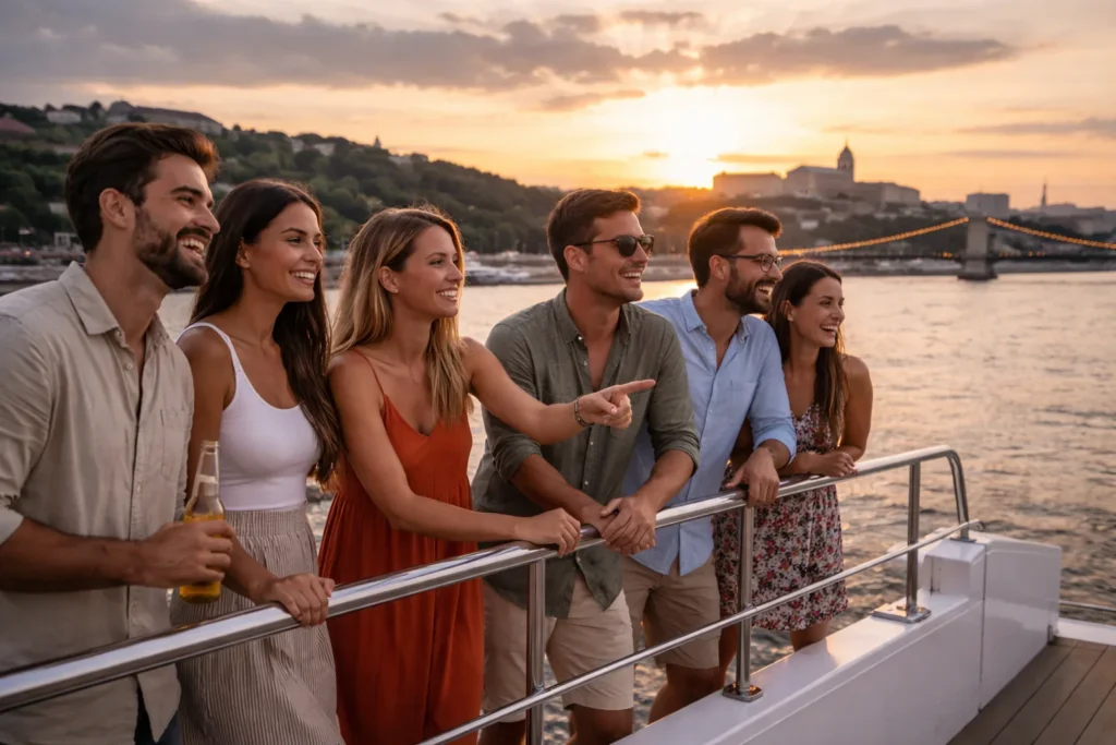 Group leaning on the boat rail at sunset on the Danube in Budapest, relaxed cruise atmosphere with clear deck safety railings.