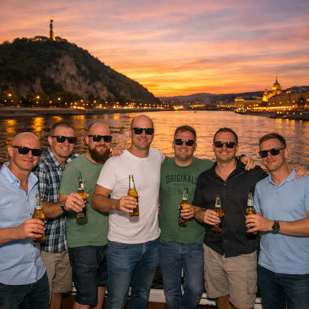 Mixed group of friends smiling for a selfie on a private boat at sunset on the Danube in Budapest, a great fit for stag, hen, and birthday celebrations.