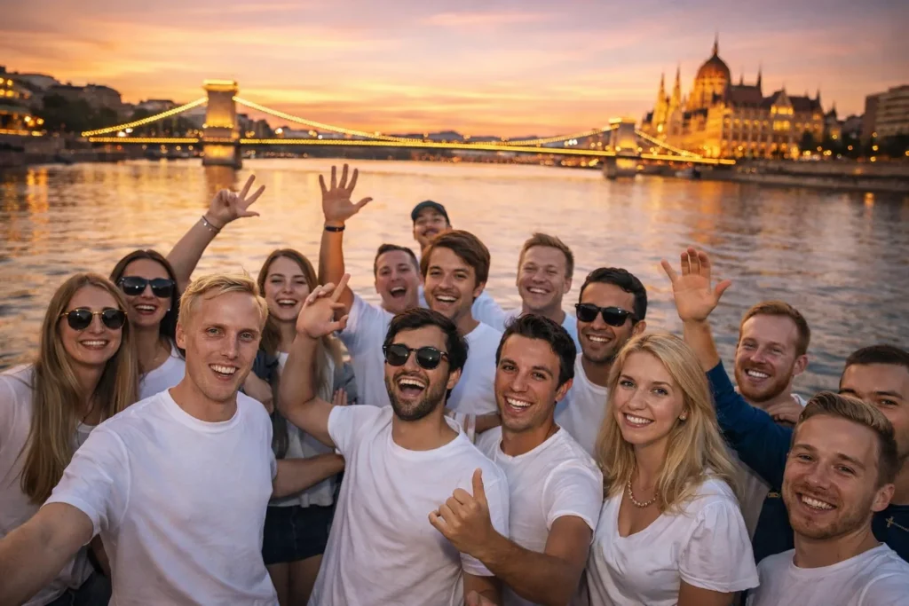 Group of friends in white T-shirts taking a selfie on a private boat at sunset on the Danube in Budapest, with the Chain Bridge and Parliament lights behind them, private riverboat party Budapest