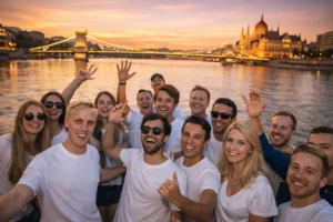 Group of friends in white T-shirts taking a selfie on a private boat at sunset on the Danube in Budapest, with the Chain Bridge and Parliament lights behind them, private riverboat party Budapest