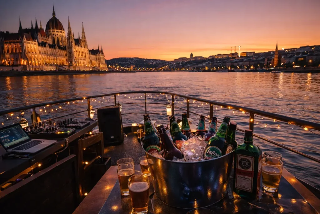 Private stag cruise in Budapest on the Danube with a party boat setup, city lights, and the Hungarian Parliament at sunset