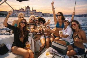 Group of friends toasting with prosecco on a private Budapest river cruise at sunset, smiling on deck with city views behind them.