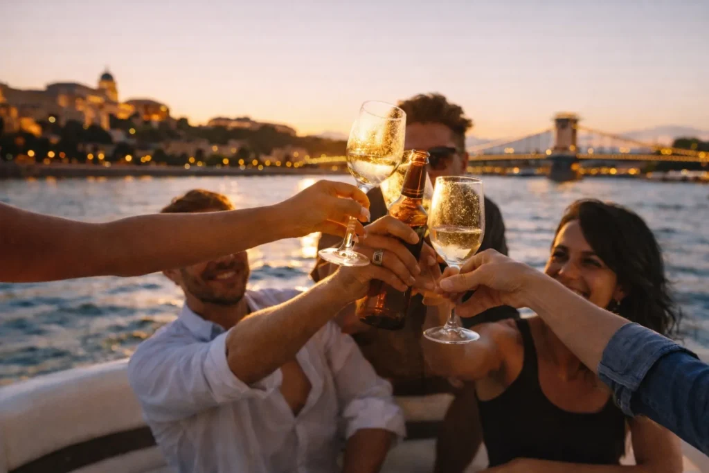 Friends clinking prosecco glasses on a private Budapest Danube cruise at sunset, warm golden light and city skyline in the background