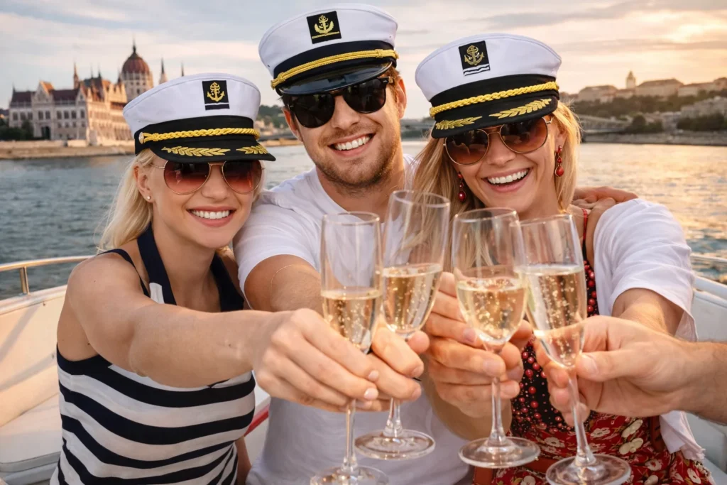 Friends toasting with prosecco glasses on a private Budapest Danube cruise at sunset, captain hats and smiling faces on board