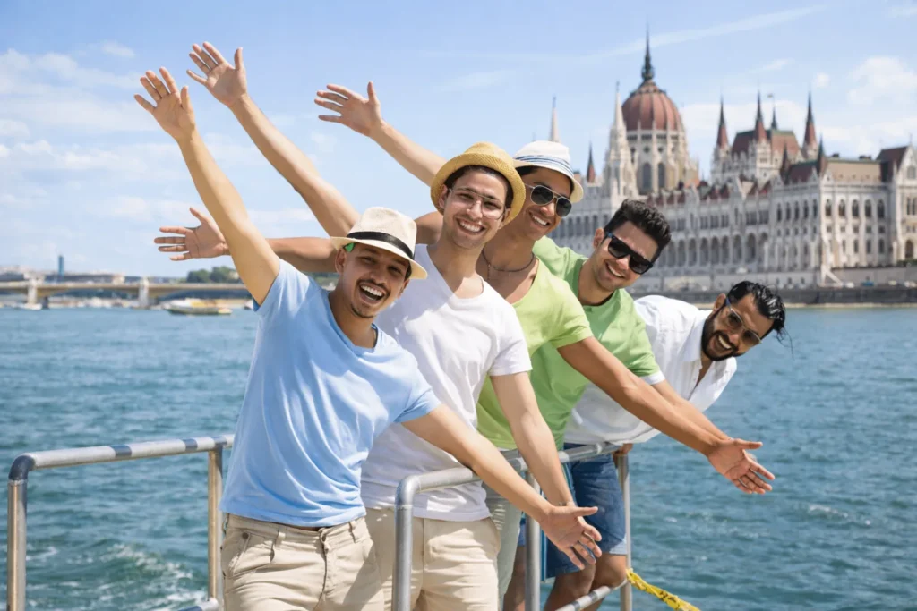 Friends leaning over a boat railing on the Danube with Budapest Parliament in the background, a private stag cruise moment.