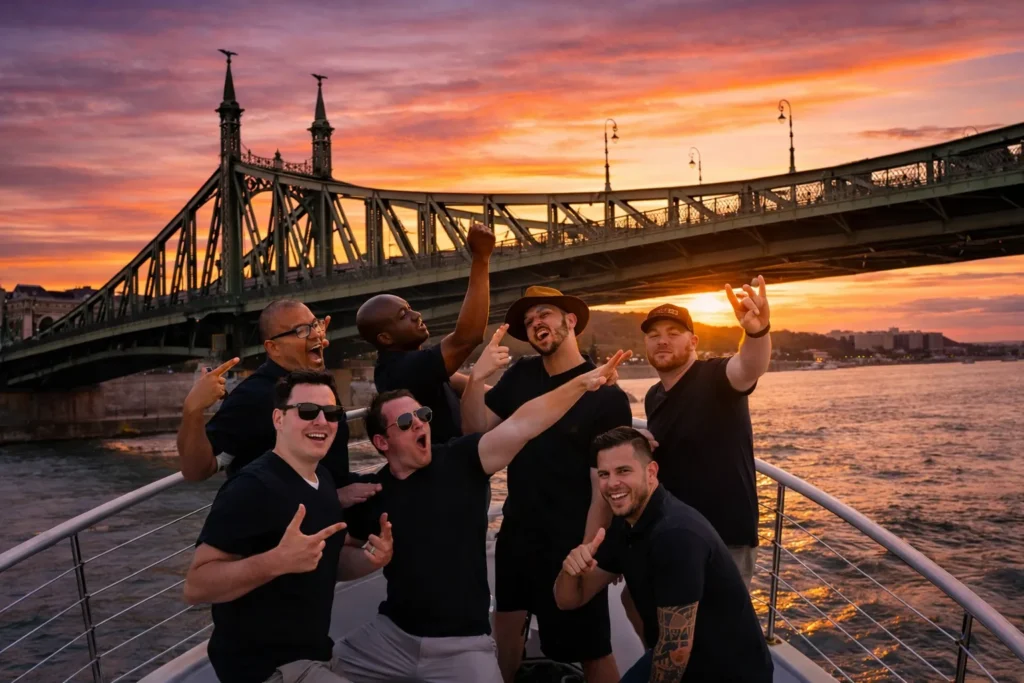 Stag group celebrating on a private boat at sunset on the Danube, with Budapest’s Liberty Bridge in the background.