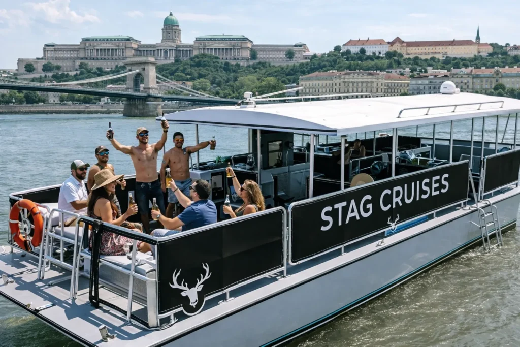 A small stag group toasting with beers on a STAG CRUISES boat on the Danube in Budapest, with the Chain Bridge and Buda Castle behind them on a sunny day.
